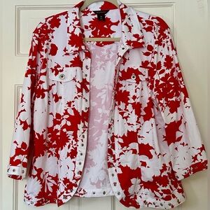 Multiples Red and White Patterned Floral Open Jacket Silver Grommets XL Darling!